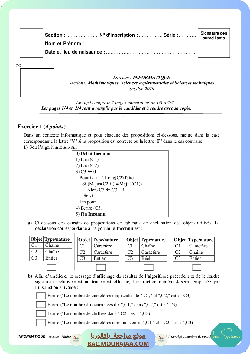 Corrigé principale info Bac 2019 – Section science